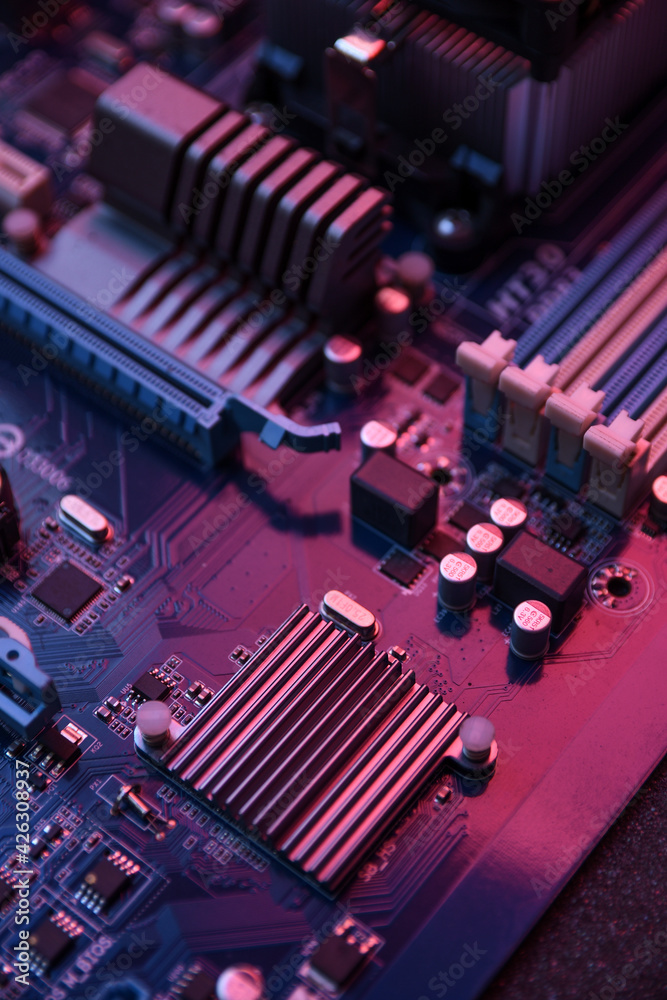 Poster Computer motherboard and electronical components cpu gpu memory and different sockets for video card close up