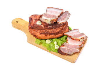 Pork fat.A piece of homemade boiled brisket with meat layers is isolated on a white background.