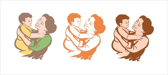 Set of sketches for Happy Mother s Day. Happy mom and baby playing and cuddling.