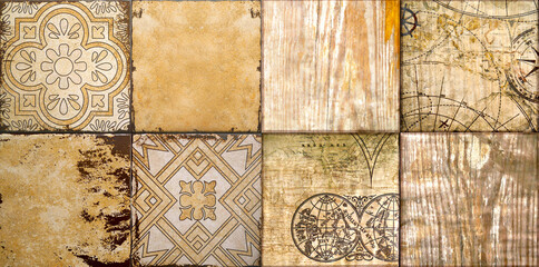 Decor tiles. Tile texture on the wall. Decorative insert. Mosaic art. Roman style. Architectural tile insert.