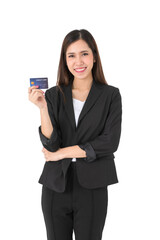 Asian young long brown hair successful beautiful businesswoman wears black formal suit with pants and white inner shirt stand smile cross arm hold and show blue credit in hand in white background