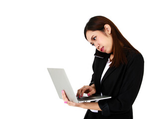 Asian young long brown hair pretty successful secretary businesswoman wears black formal suit hold gray laptop computer in hand stand smile look at monitor when typing in front of white background