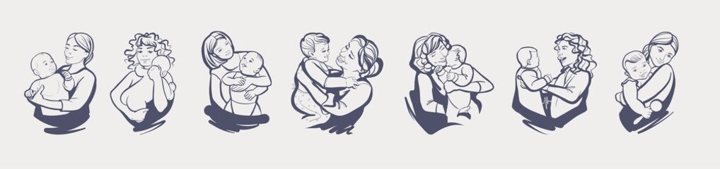 A set of linear silhouettes, a logo in the form of a sketch sign. Mom with a baby in her arms.