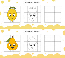 Educational game for attention for children of kindergarten and preschool age. Repeat the illustration. Copy and color the picture.