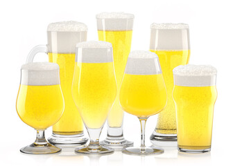 Set of fresh light beer glasses with bubble froth isolated on white background.