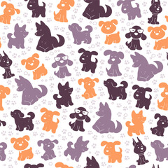 Seamless pattern design with cute little dog silhouettes and paw trace  isolated on white background. Vector simple flat illustration. For kids gifts packaging, wrapping paper etc.