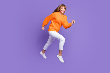 Fototapeta na wymiar Full length body size photo of jumping high running on sale isolated pastel violet color background