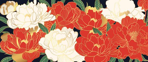Moderner Luxushintergrundvektor im orientalischen Stil. Japanische, chinesische orientalische Linienkunst mit roter Blume und goldener Textur, natürliche Wandkunst für Druck und Wohnkultur.