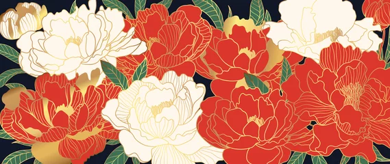 Fototapete Rouge 2 Moderner Luxushintergrundvektor im orientalischen Stil. Japanische, chinesische orientalische Linienkunst mit roter Blume und goldener Textur, natürliche Wandkunst für Druck und Wohnkultur.