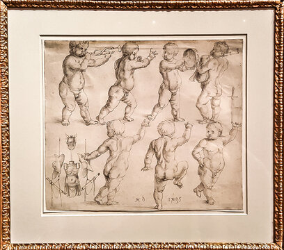 Putti dancing and playing music with an ancient trophy by Albrecht  Durer.