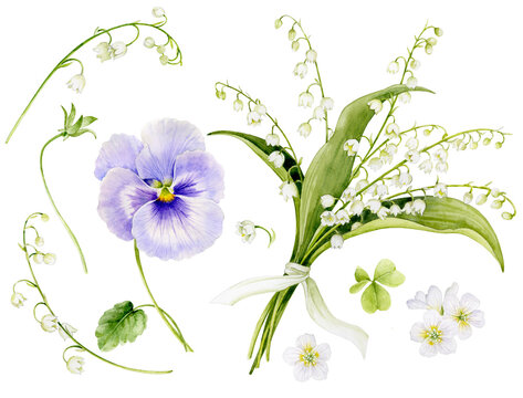 A set of pictures of a bouquet of lilies of the valley, tied with a ribbon, a pansies, and other spring flowers. Watercolor illustration of spring flowers.