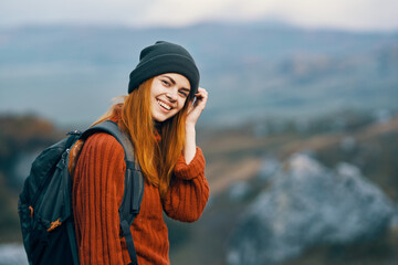 cheerful woman hiker mountains nature landscape travel vacation