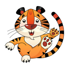 Fototapeta na wymiar cheerful tiger dances and waves his hand. Cartoon style on white background, isolated object. Vector, illustration