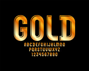 Golden bright font, modern metallic alphabet, gold capital Latin letters from A to Z and Arab numbers from 0 to 9, vector illustration 10EPS