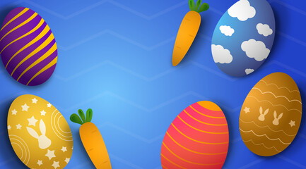 Easter poster background template with Easter eggs in the nest on light blue background. Greetings and presents for Easter Day