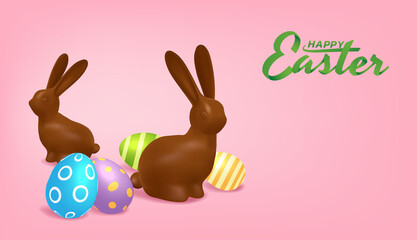 Naklejka premium Happy Easter concept, Chocolate rabbits and colorful eggs are lined up on a pink background