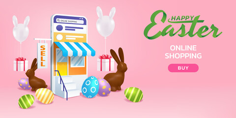 Easter's day online shopping by smartphone, 3d mobile with chocolate rabbits, beautiful painted eggs, chat message, gift box, and bunny balloon delivery on pink background