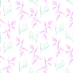 The pattern of watercolor twigs of pink and light green color is seamless