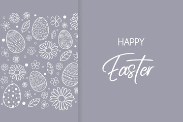 Easter greeting card with hand drawn eggs and flowers. Vector