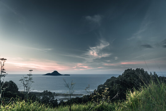 Idyllic sunset view of the Moutohora (Turtle Island) in New Zealand
