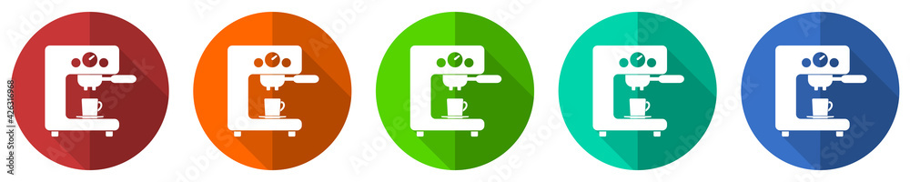 Poster coffee machine icon set, flat design vector illustration in 5 colors options for webdesign and mobil