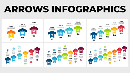 Arrows Vector Infographics. Presentation slide template. Charts diagrams. Up stairs. Business success. Performance and growth. 3, 4, 5, 6, 7, 8 steps.