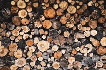 Möbelaufkleber Stacked logs of wood, wooden background, firewood, brown. Wallpaper Texture, graphic resources. © JulianLogle
