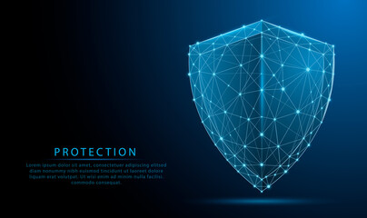 3d Futuristic glowing low polygonal guard shield symbol isolated on dark blue background. Cyber security. data protection concept. Modern wireframe design vector illustration. - obrazy, fototapety, plakaty