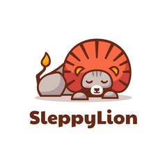 Vector Logo Illustration Sleepy Lion Mascot Cartoon Style.