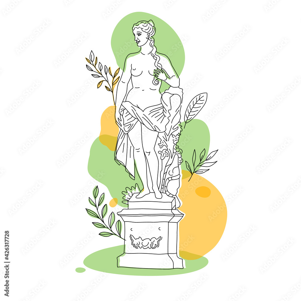 Wall mural Ancient Greek goddess statue in a continuous line. Vector illustration. Modern drawing. Park in summer.OneLine style.