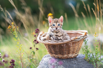 A cute kitten outdoors in a basket