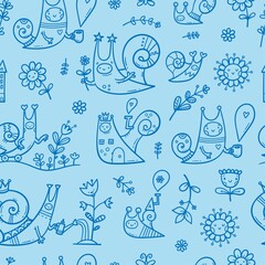 Seamless pattern with cute cartoon snails on blue background. Funny animals and plants wallpaper. Doodle floral print. Vector spring poster.