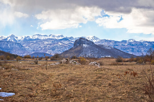 Lika region. Zir hill and Velebit mountain in Lika landscape view