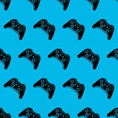 Silhouette of gamepad on blue background. Seamless wallpaper with same gamepad. Vector. © Crashik