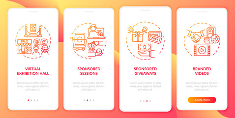 Sponsorship online events onboarding mobile app page screen with concepts. Sponsored sessions walkthrough 4 steps graphic instructions. UI, UX, GUI vector template with linear color illustrations