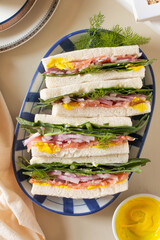 Japanese style sandwich with smoked salmon, mustard, salad and raw onion. Selective focus.