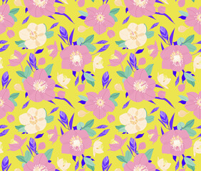Seamless floral pattern of pink Hellebores on yellow background