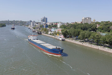 Fototapeta premium Swimming cargo ships on the river in Rostov-on-Don