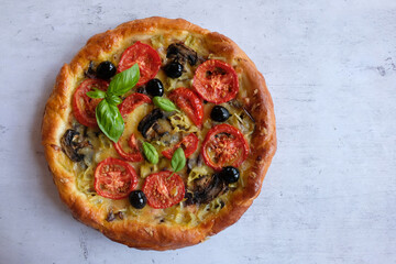 Traditional Italian dish-pizza. Vegetarian homemade pizza on a light background. The concept of healthy eating..
