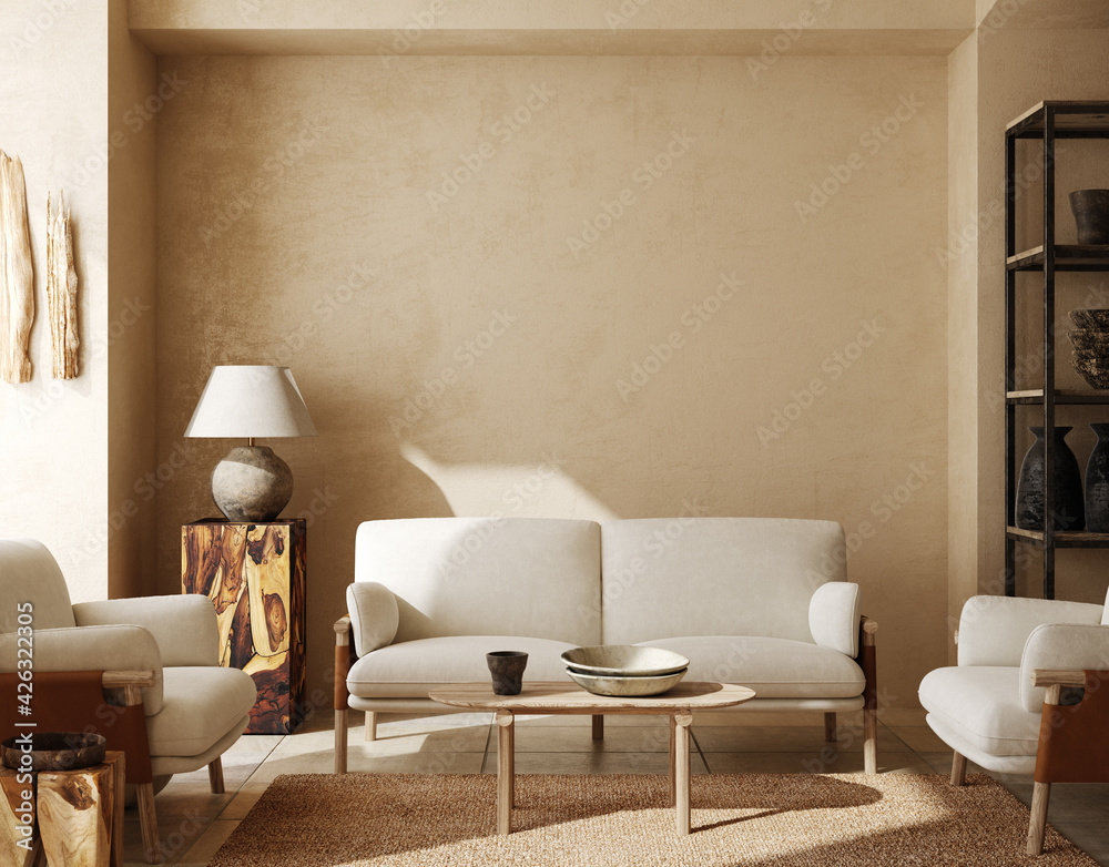 Sticker Contemporary nomadic home interior background in warm beige tones, 3d render