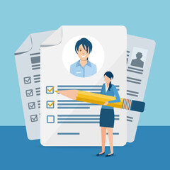 Vector illustration in a flat style. Document with personal data, application for employment, professional resume. Business concept for employment, career choice, job seeker
