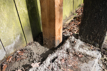 Wooden fence post being concreted into the ground for fence repair