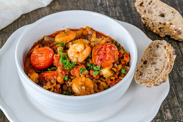 Chorizo, lentil and prawn stew
