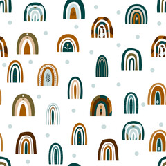Seamless vector pattern with cute rainbows and circles. Vector illustration, for fabric, wrapping paper, tableware, on a white background