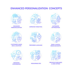 Smart content blue gradient concept icons set. Customer name, age and location. Measurable ROI. Digital marketing idea thin line RGB color illustrations. Vector isolated outline drawings