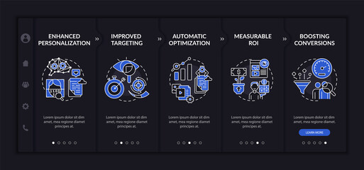 User behaviour analytics onboarding vector template. Responsive mobile website with icons. Web page walkthrough 4 step screens. Digital marketing dark mode concept with linear illustrations