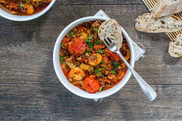 Chorizo, lentil and prawn stew