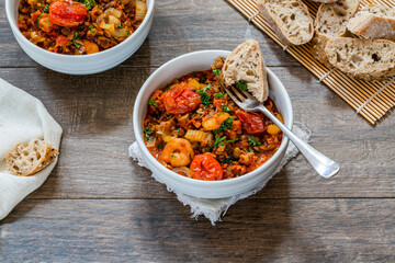 Chorizo, lentil and prawn stew