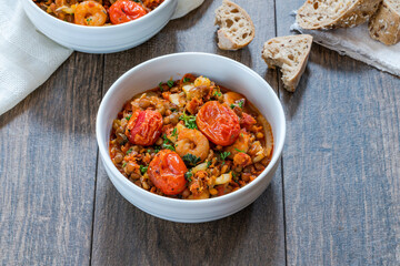 Chorizo, lentil and prawn stew