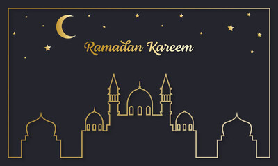 Elegant Ramadan Kareem greeting card with mosque and crescent moon illustration. Minimalist vector design